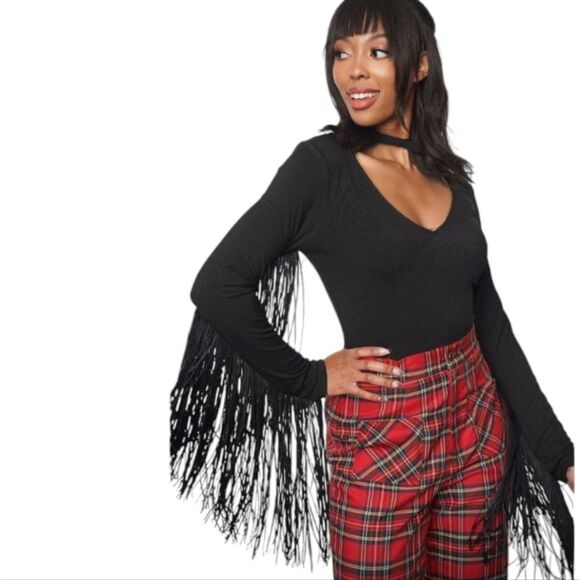 NEW‎ Smak Parlour black ribbed v-neck long sleeve fringe sleeve bodysuit XL - Picture 1 of 12